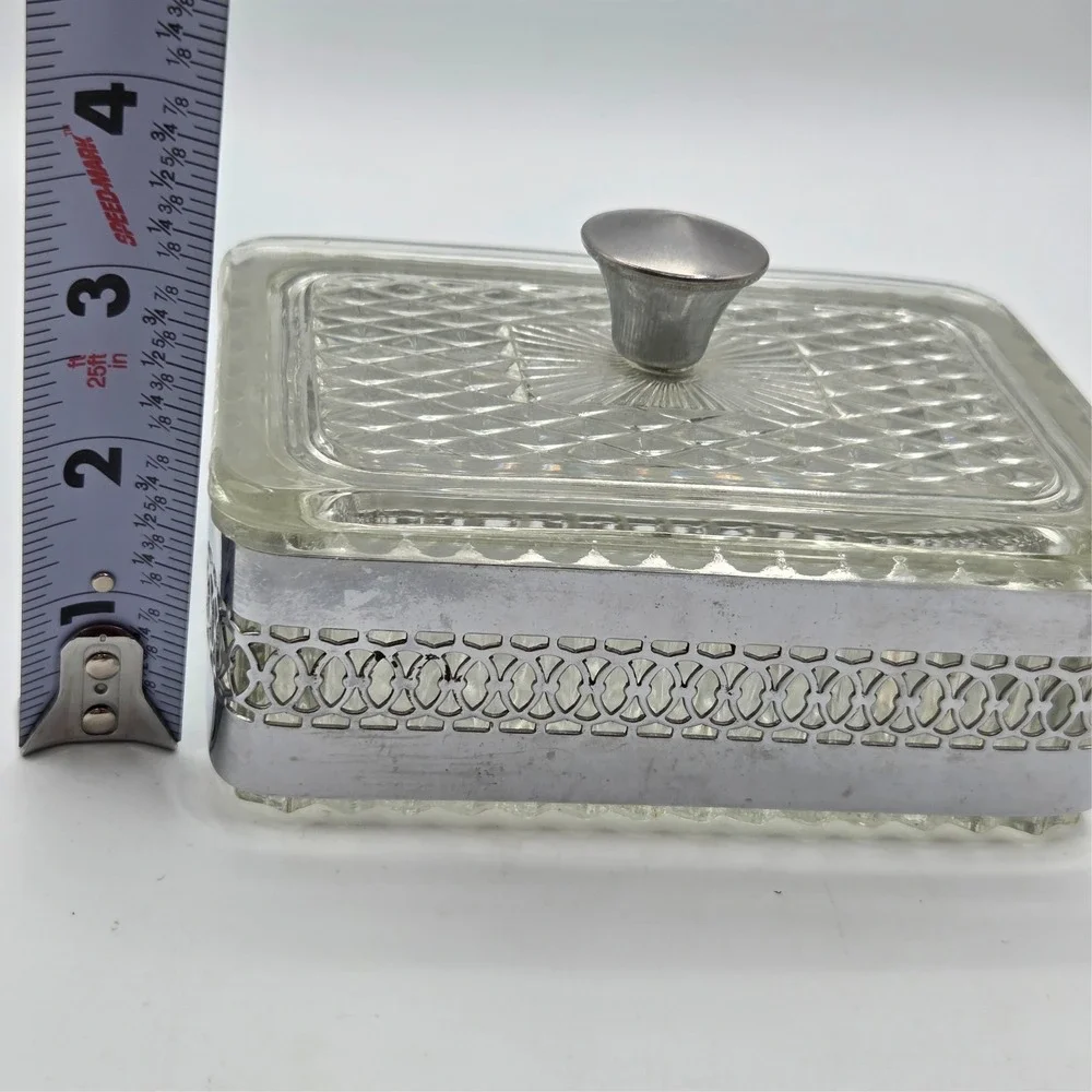 SQUARE Filigree Metal‎ & Glass Trinket-Jewelry Box With Glass Lid Casket Vintage
